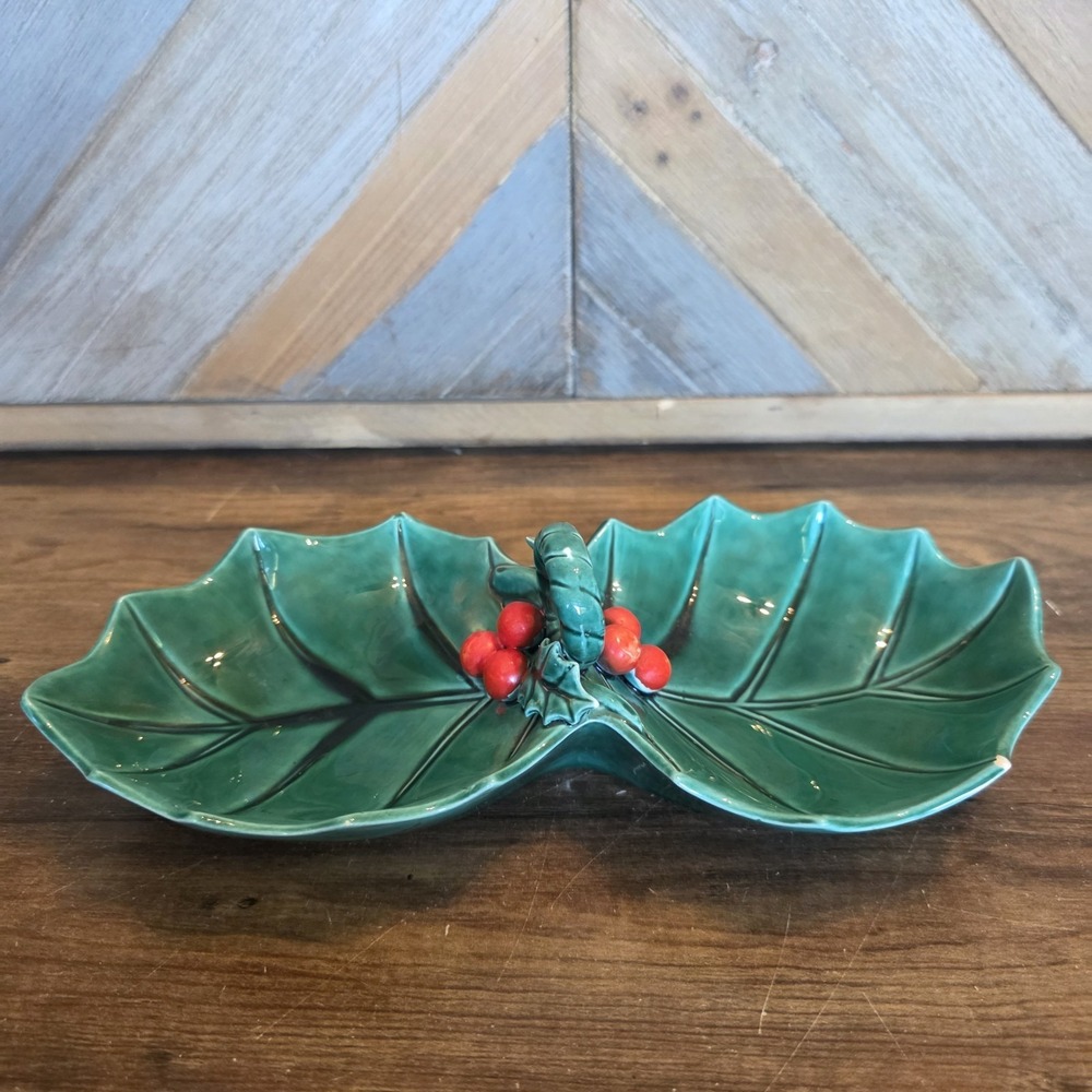 Vintage Lefton Green Holly Candy or Nut Divided Dish With Handle 9.5" x 4.5"